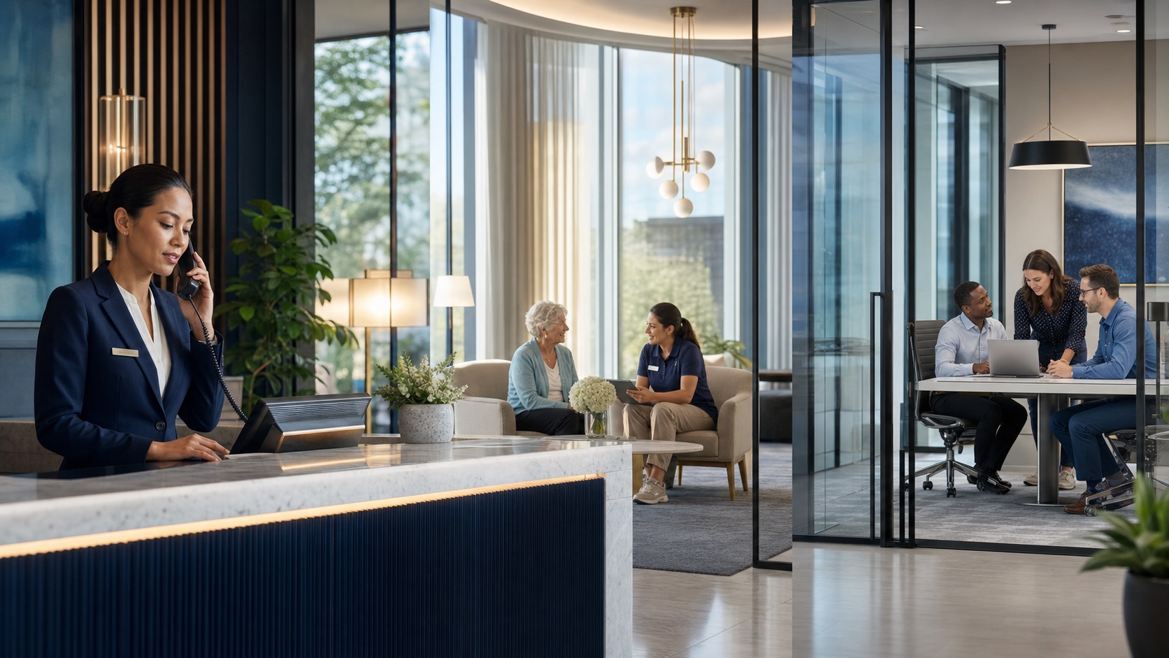 Hospitality, senior living, and office professionals working across three communications environments