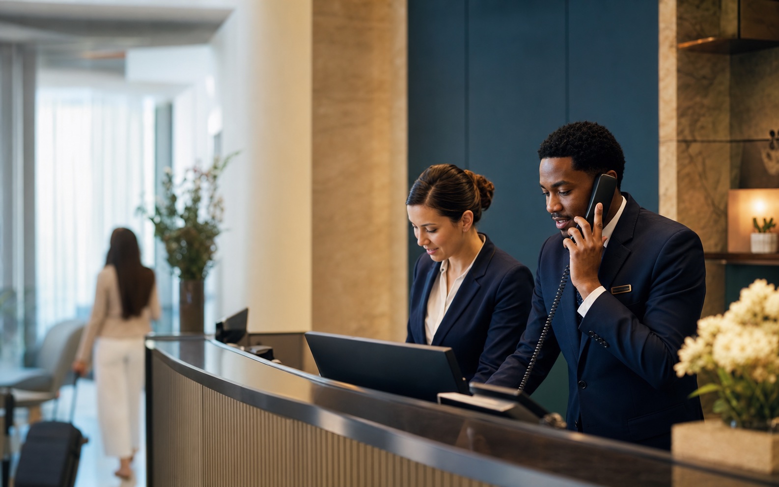 Hotel team coordinating a guest call at the front desk